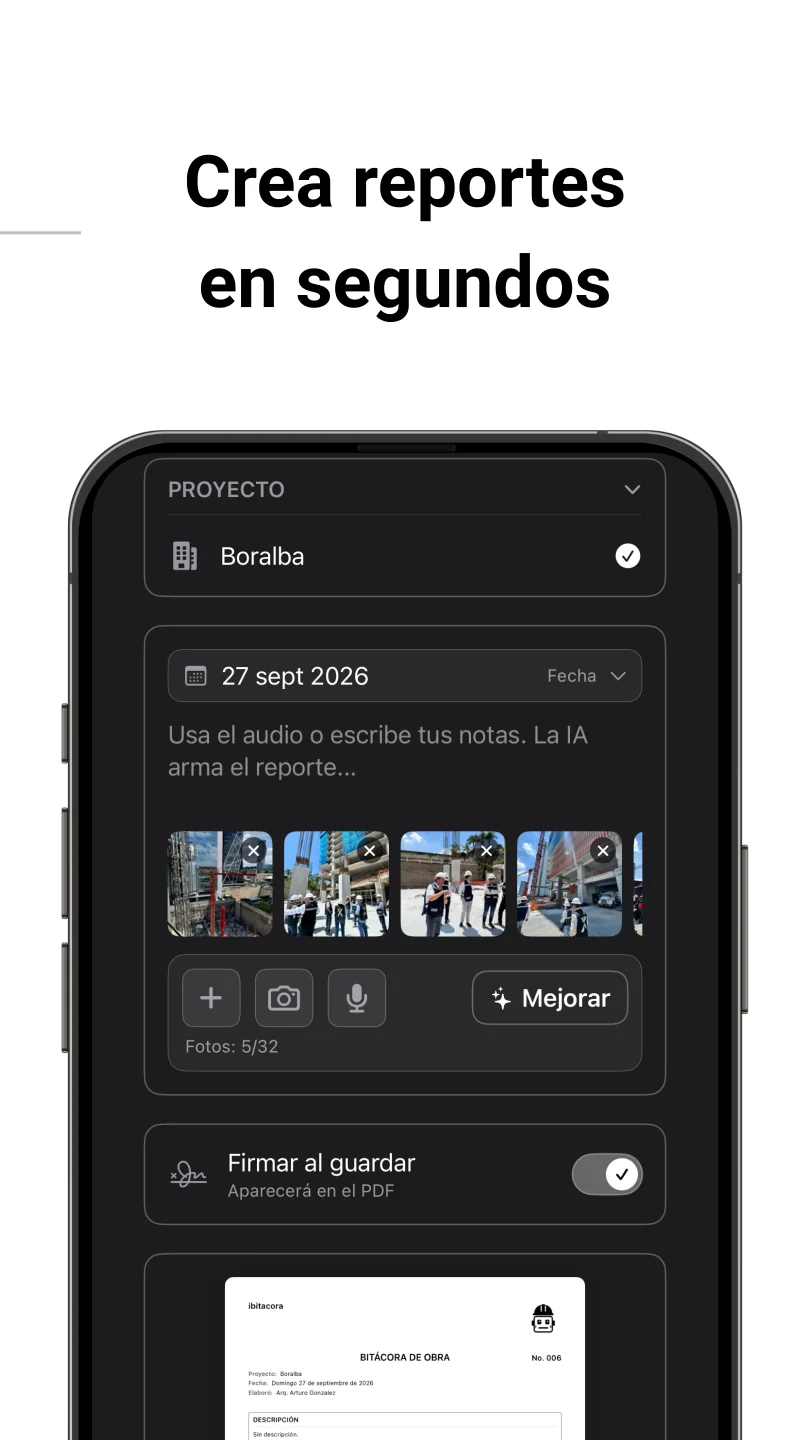 App para crear una bitácora de obra con IA, fotografías y firma digital