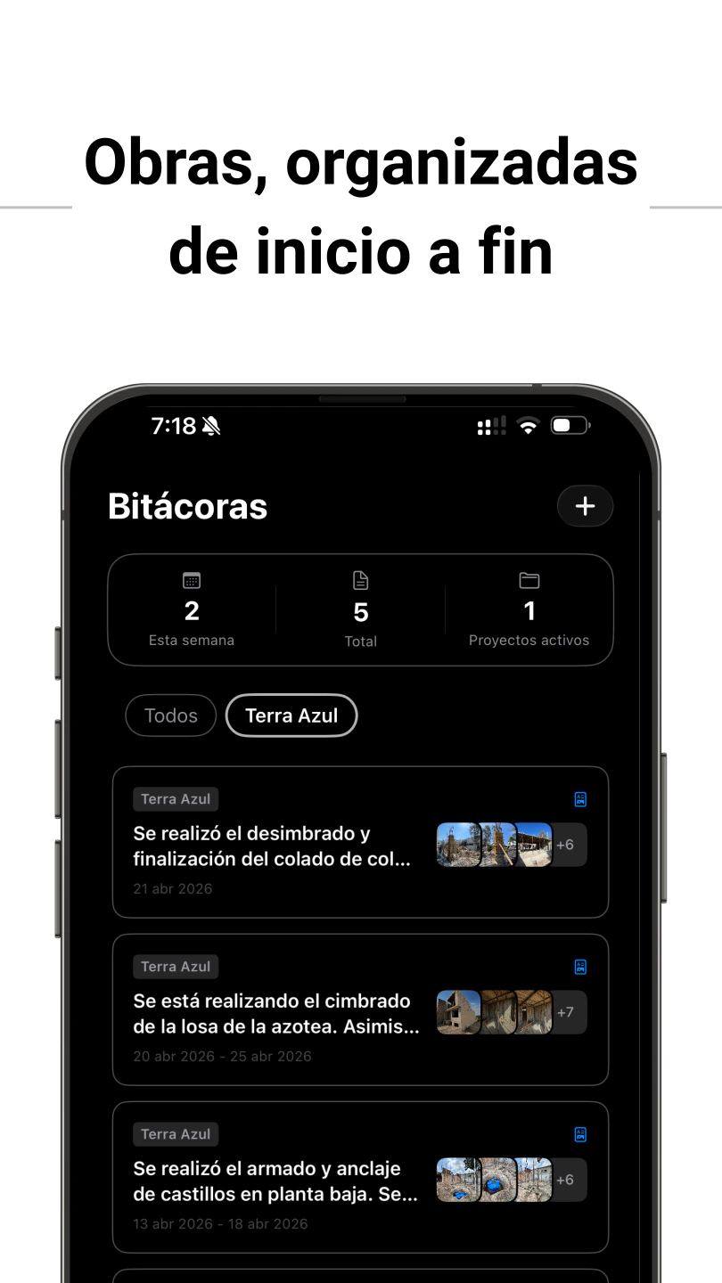 Historial de bitácoras organizado por proyecto con fotografías de avance