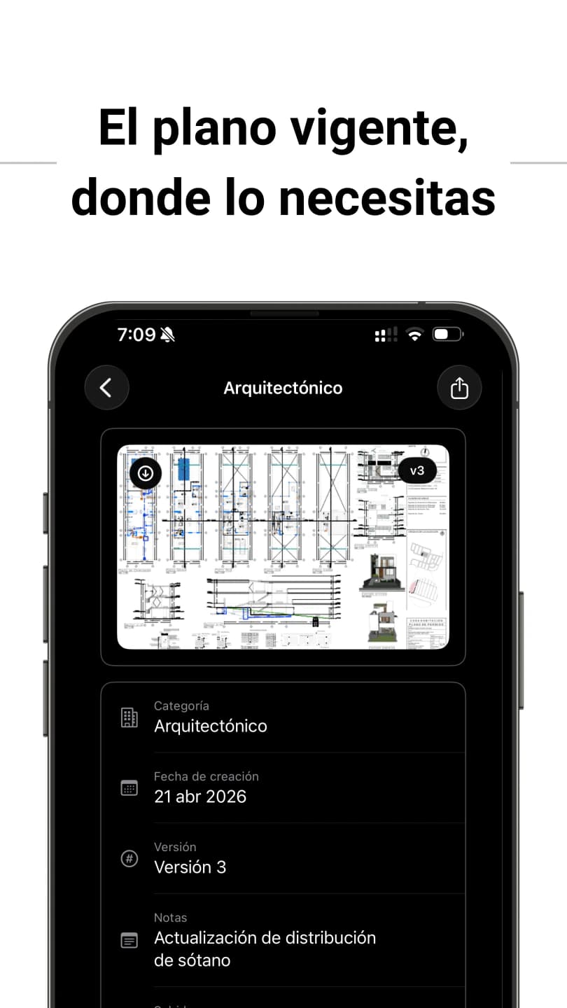 Plano arquitectónico vigente disponible desde el celular en obra