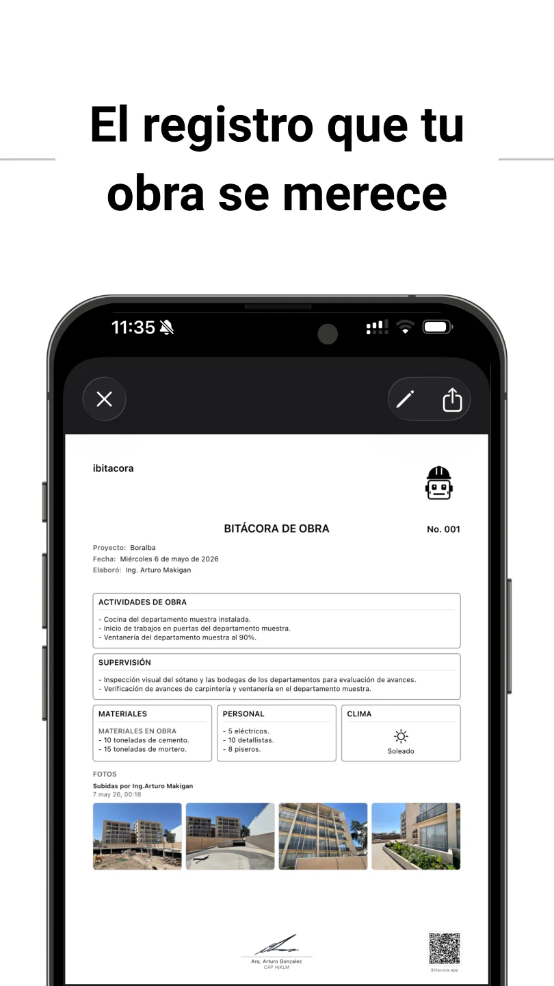 Reporte de obra con fotografías, firma digital y código QR